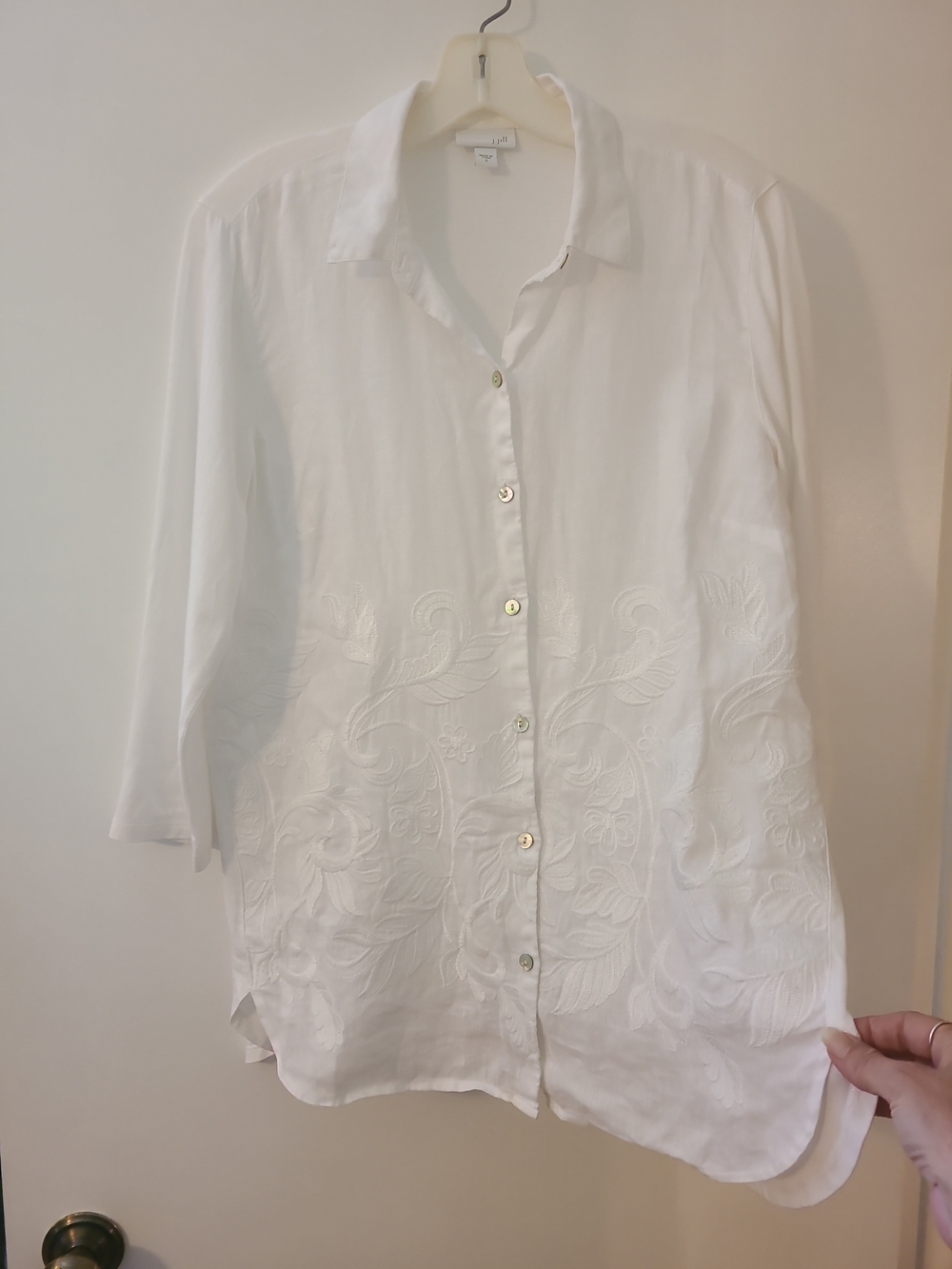 J. Jill White Linen Blend Embroidered Button Down Shirt Size S Coastal Boho Chic